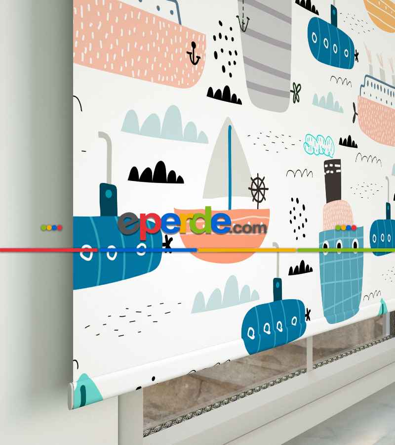 Bebek Odası - Denizci Desenli Baskılı Stor Perde- Çok Renkli