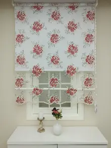 Yatak Odası - Tül Stor Çiftli Sistem Yakma Zemin Kırmızı Gül- Kırmızı-gri Açık- Çok Renkli 2