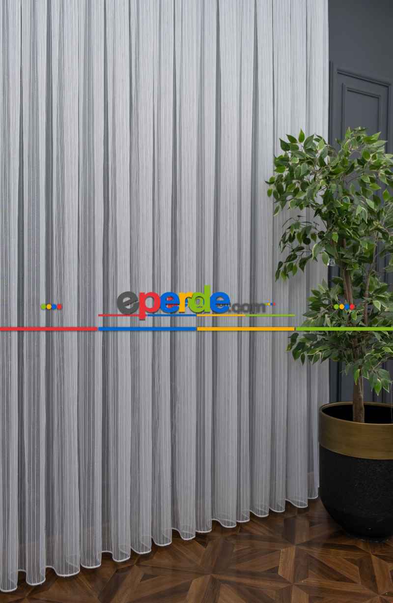 Hazır Ölçülü Simli Çizgili Kurşunlu Tül Perde - Ekru 145cm X 133cm 
