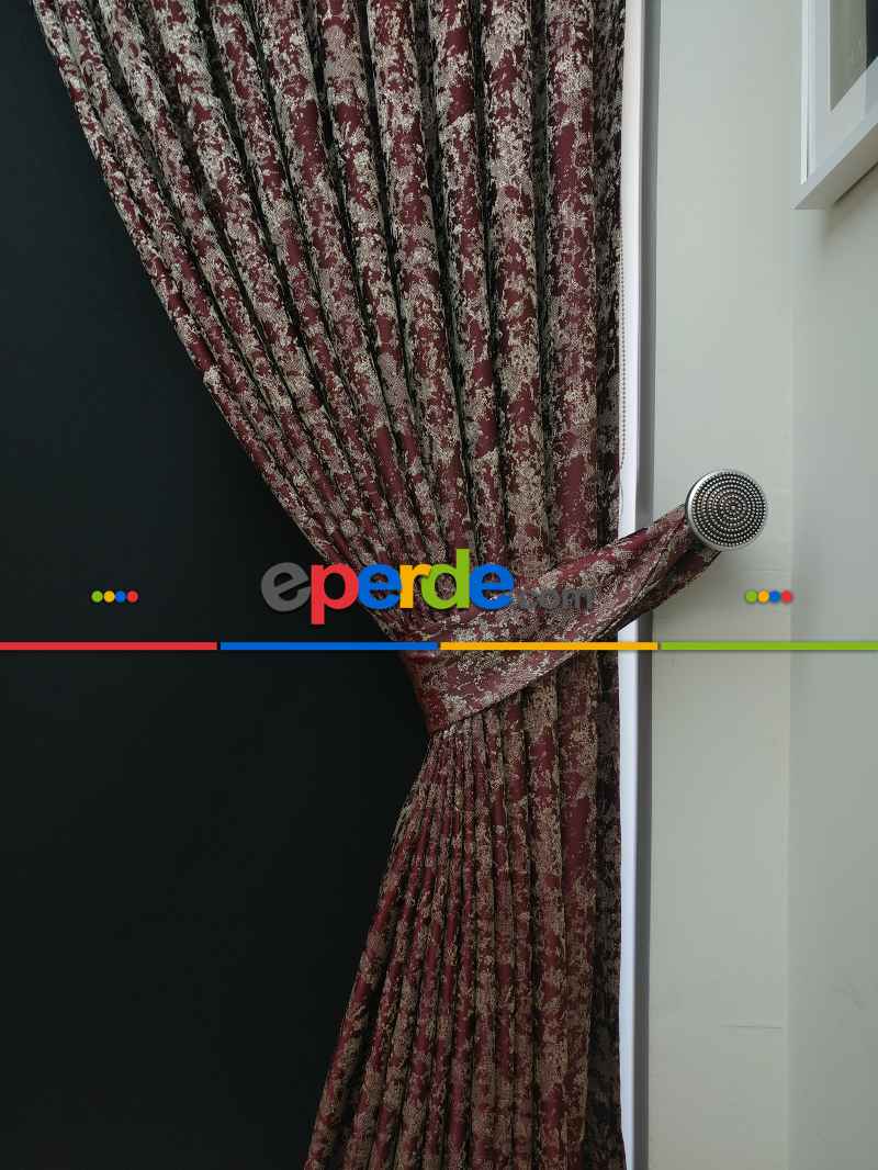 Patine Desenli Bordo Krem Desenli Jakar Fon Perde - Bordo