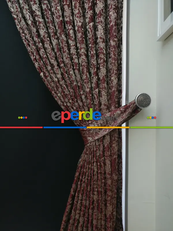 Bordo Krem Desenli Jakar Fon Perde - Bordo