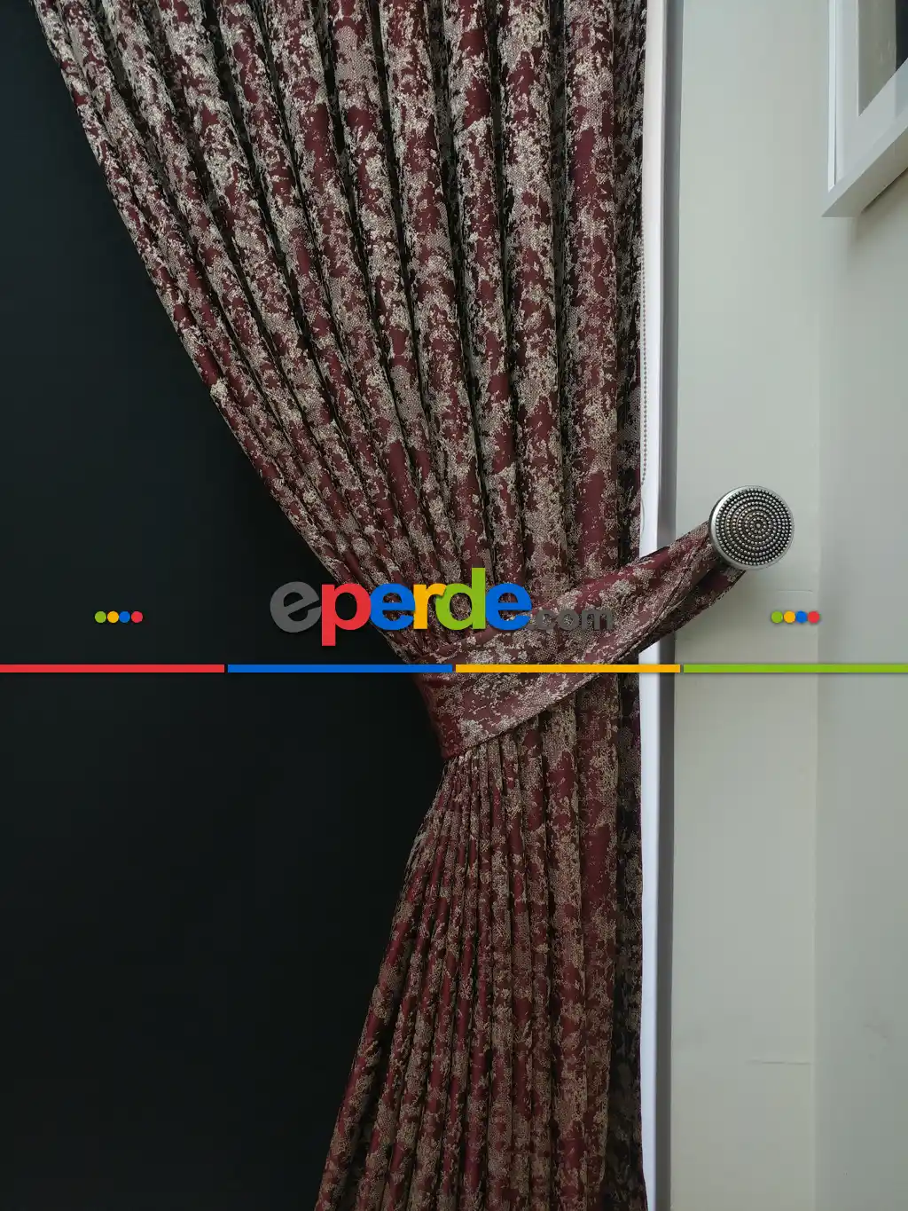 Patine Desenli Bordo Krem Desenli Jakar Fon Perde - Bordo