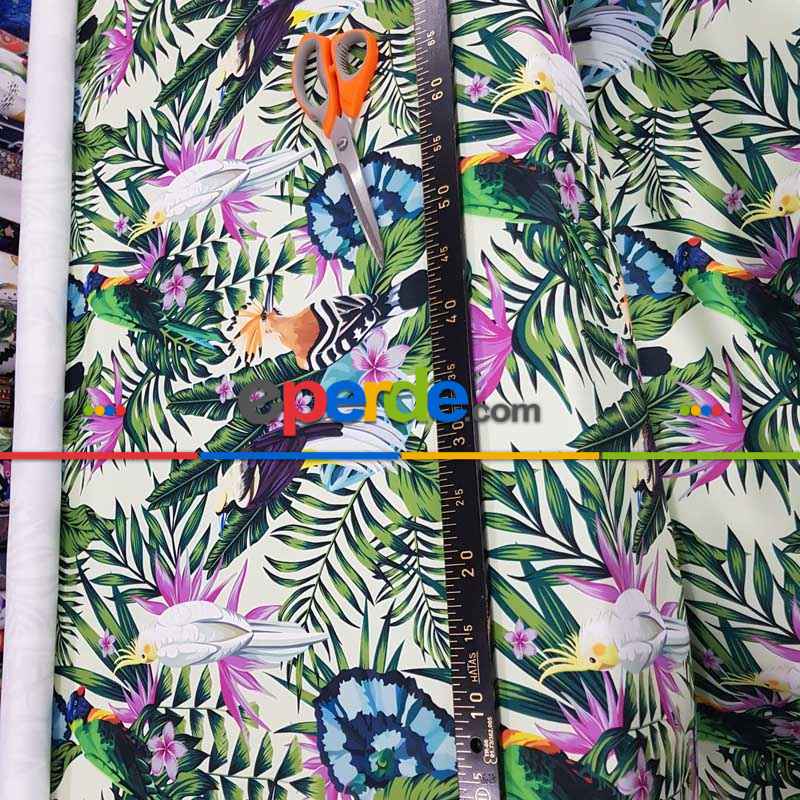 Papağan Ve Tropikal Desenli Fon Perde Evm1093 Kumaşı Kalındır Duck Bezi Değildir- Yeşil-Beyaz
