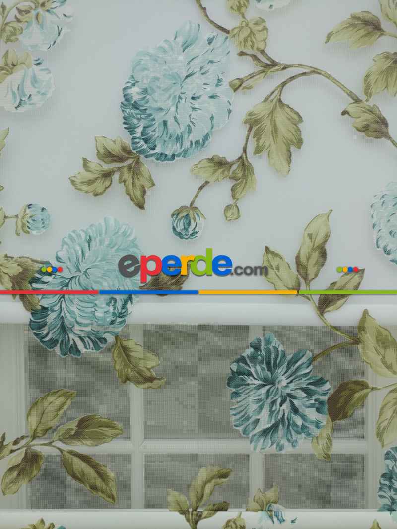 Yatak Odası - Tül Stor Çiftli Sistem Yakma Desen Mavi Gül- Mavi-yeşil Koyu Yeşil- Çok Renkli 2