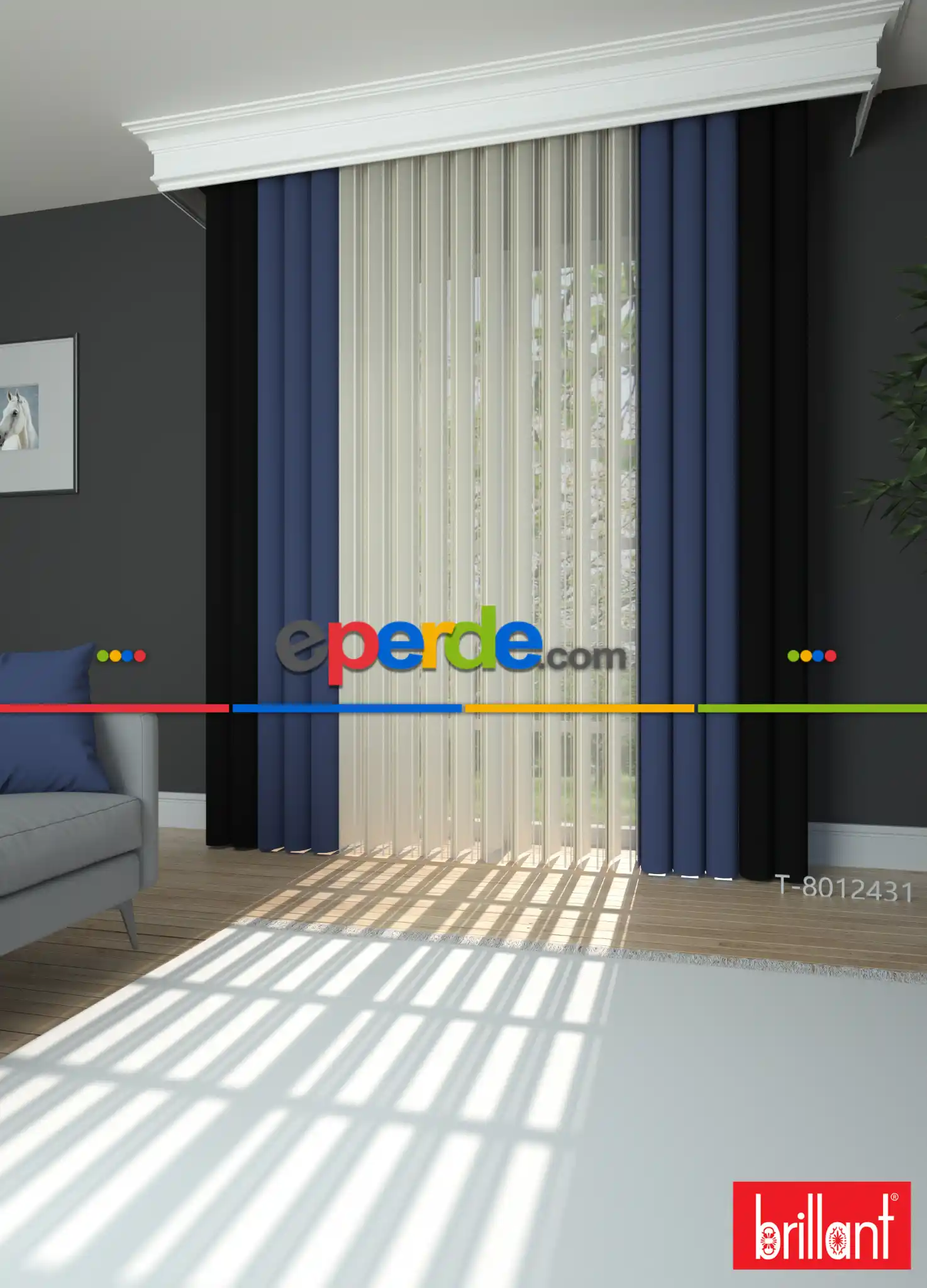 Brillant Marka - Akıllı Tül Siyah-mavi Perde Tül Dikey Zebra Perde Düz 1. Kalite