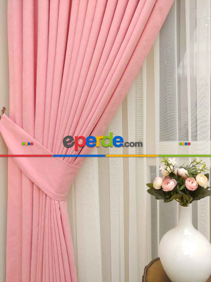 Pembe Rengi Düz Fon Perde Dökümlü Birinci Kalite 300 Cm Geniş En Daha Hesaplı- Pembe Açık