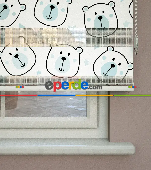 Mavi Ayıcık Desenli Baskılı Zebra Perde