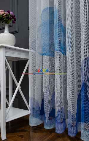 Hazır Ölçülü Petek Zemin Açık Mavi Renkli Dağ Ve Bulut Desenli Grek Baskılı Tül Perde