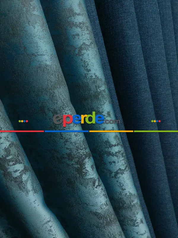 Mavi Lacivert Renk Kombinli Desenli Fon Perde- Lacivert-mavi