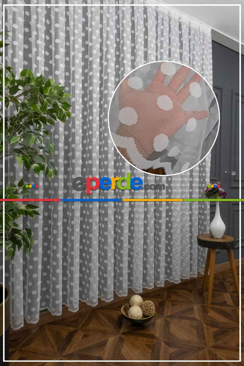 Mutfak - Puantiyeli Yuvarlak Noktalı Daire Desen Örme Çocuk Odası Tül