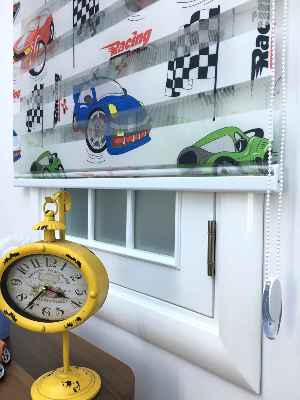 Zebra Perde - Araba-far Baskılı Çocuk Ve Genç Odası- Yeşil-mavi-kiremit Rengi