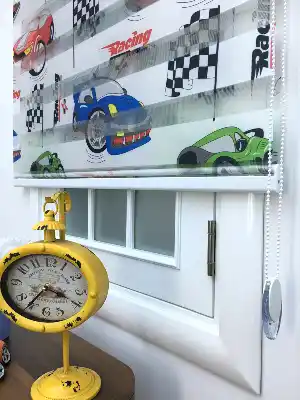 Zebra Perde - Araba-far Baskılı Çocuk Ve Genç Odası- Yeşil-mavi-kiremit Rengi