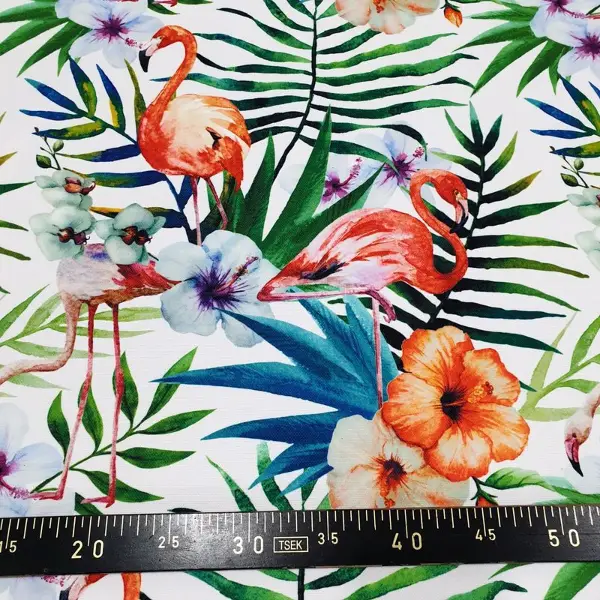 Kuğu Ve Tropikal Desenli Fon Perde Evm1065 Kumaşı Kalındır Duck Bezi Değildir- Yeşil-Mavi-Beyaz-Pembe