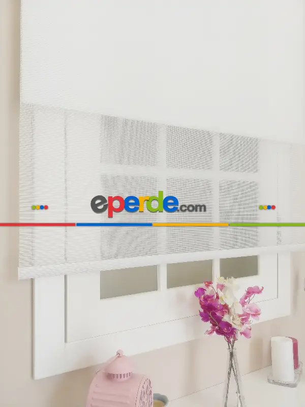 Çift Sistem Tül Stor Perde Clısson Series 1641- Beyaz İnce Çizgili Kare Sanal