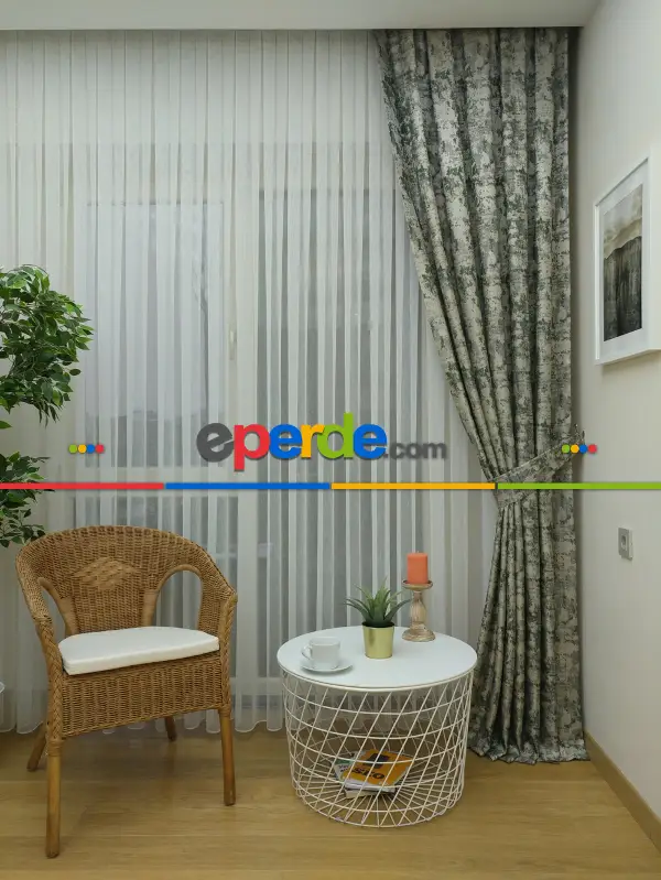 Bej Koyu Yeşil Desenli Jakar Fon Perde (180)- Yeşil Koyu Yeşil