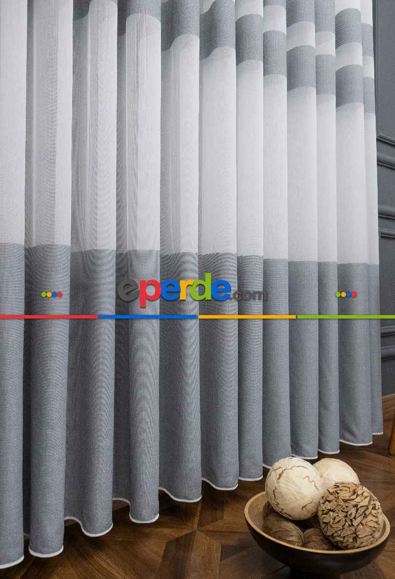 Mutfak Tül - Modern Bantlı Gri Tül - Yüksek Kalite Tül - Enine Çizgili