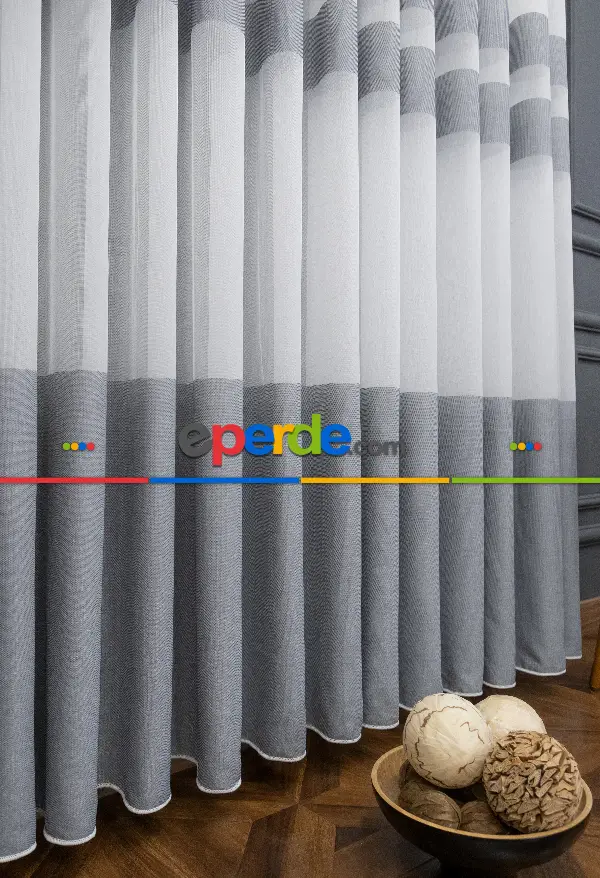 Salon Tül Perde - Modern Bantlı Gri Tül - Yüksek Kalite Tül - Enine Çizgili