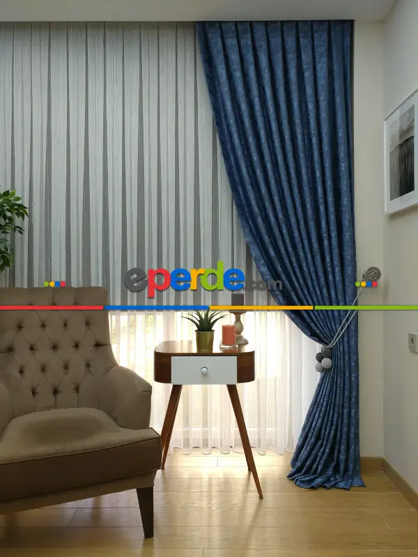 Mavi Renk Jakar Desenli Fon Perde- Mavi