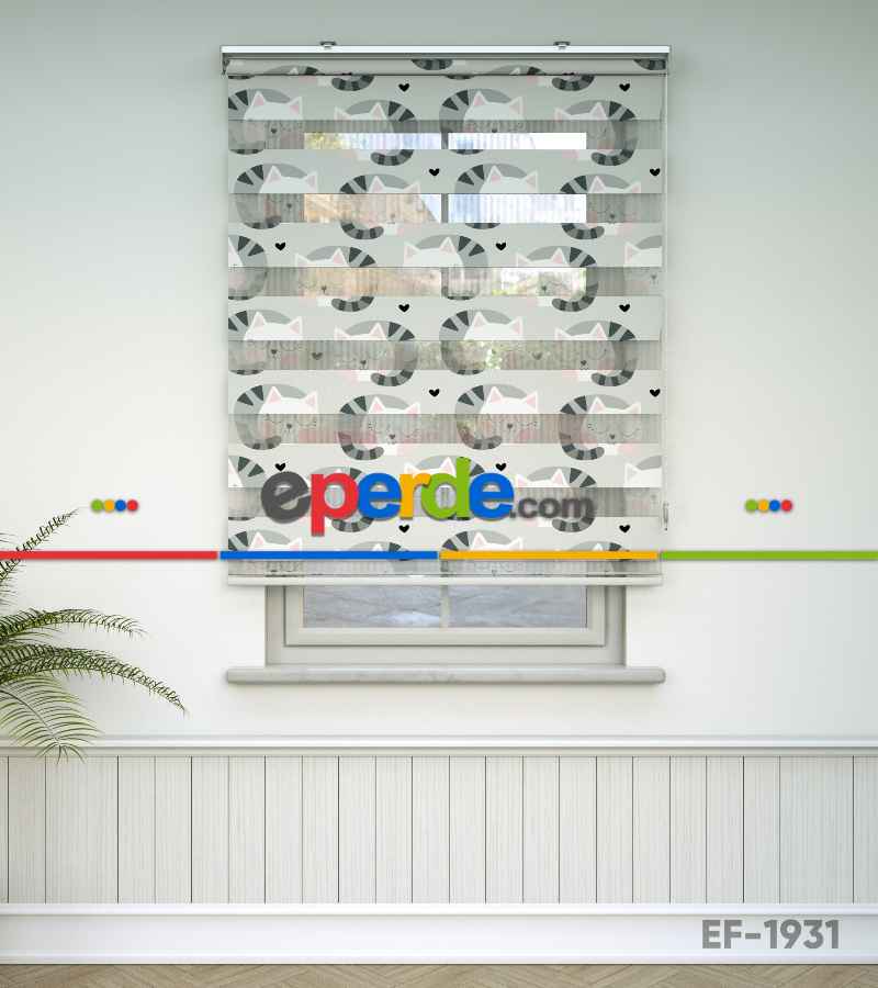 Kedicik Desenli Baskılı Zebra Perde- Çok Renkli
