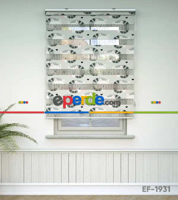 Kedicik Desenli Baskılı Zebra Perde- Çok Renkli