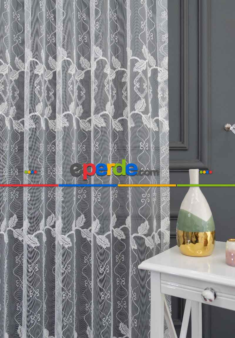 Mutfak Brode Yaprak Desen Tül Perde İşleme Tasarım Model Yeni Tül