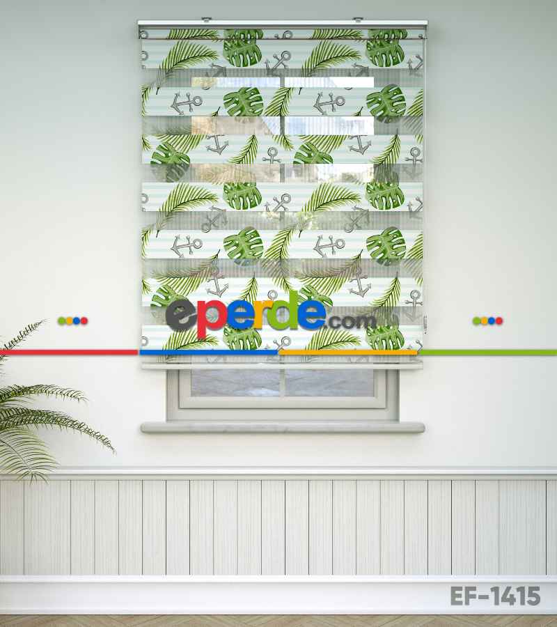 Çocuk Odası Zebra Perde - Yaprak Ve Çapa Desenli Baskılı Zebra Perde- Yeşil