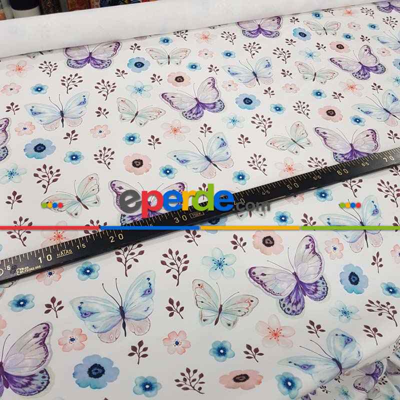 Kelebek Ve Çiçek Desenli Fon Perde Evm815 Kumaşı Kalındır Duck Bezi Değildir- Beyaz