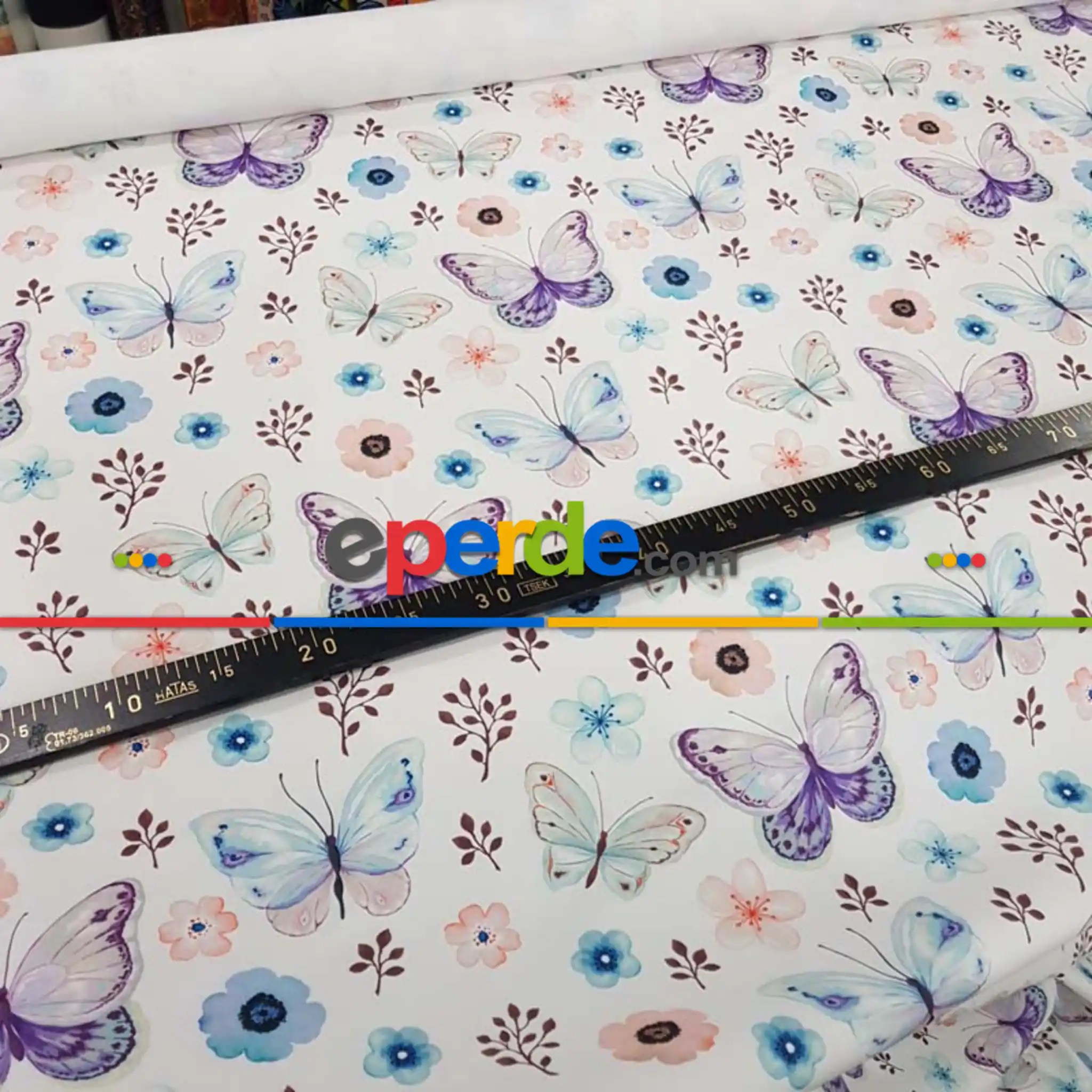 Kelebek Ve Çiçek Desenli Fon Perde Evm815 Kumaşı Kalındır Duck Bezi Değildir- Beyaz