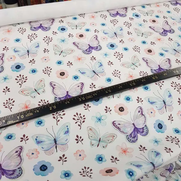 Kelebek Ve Çiçek Desenli Fon Perde Evm815 Kumaşı Kalındır Duck Bezi Değildir- Beyaz