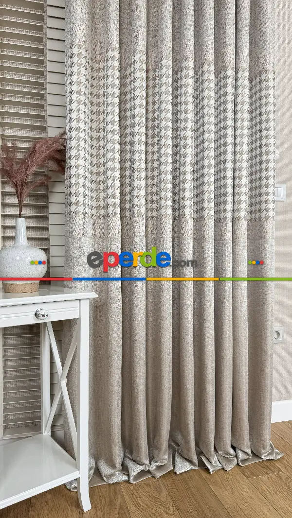 Krem Altın Fon Perde, Pano Model, Orta Pano Kazayağı Desenli, Jakar Dokuma.