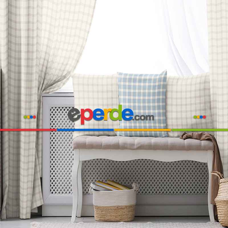 Kız ve Erkek Bebek Odası Fon Perde - Krem Bej - Ekose Desenli