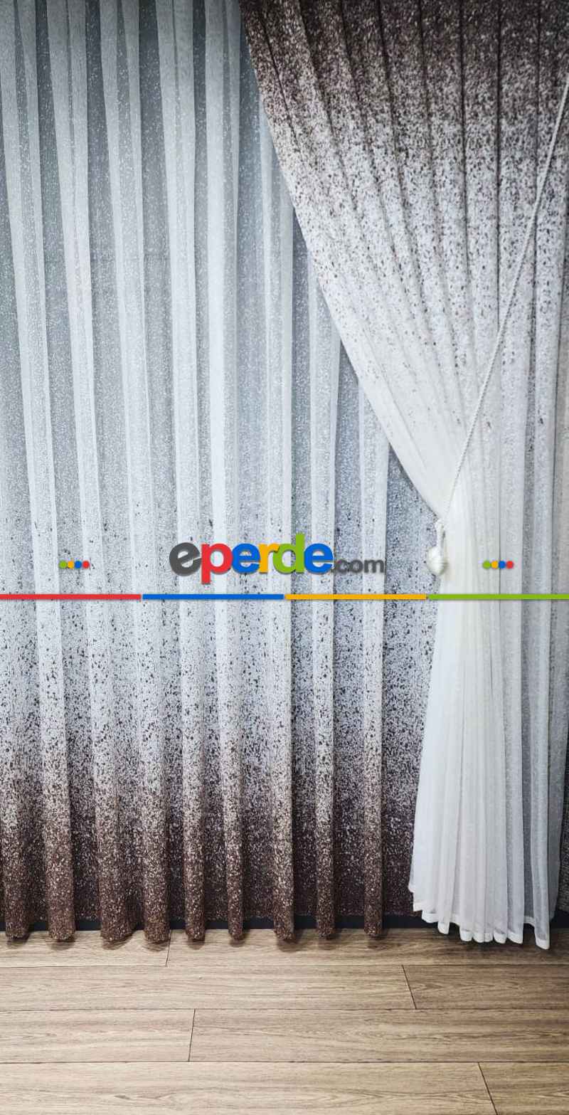 Mutfak - Üsten Dikim Renkli Kahverengi-vizon Püskürtme Tül Fon Perde