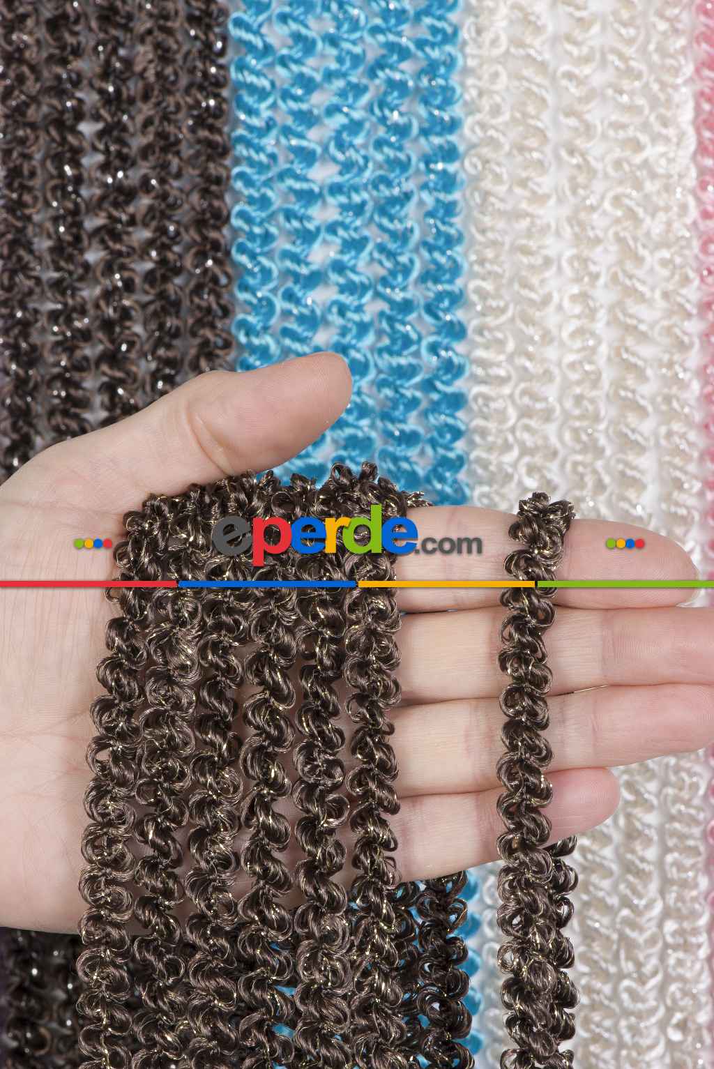 Bukle Duble Serisi Kahve Simli İp Perde- Altın Simli-kahve