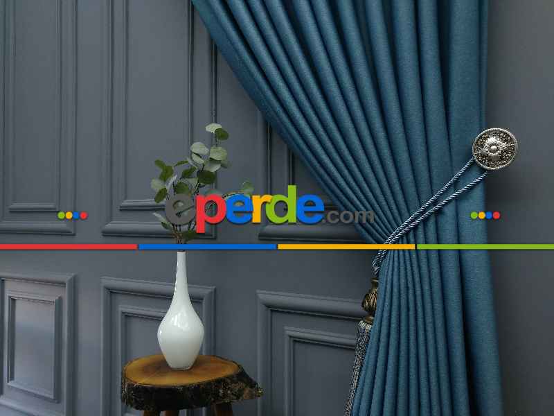 Saon Perdesi - Modern Keten Görünümlü Işık Geçirmez Karatma Fon Perde 2021 Ikon- Mavi Koyu