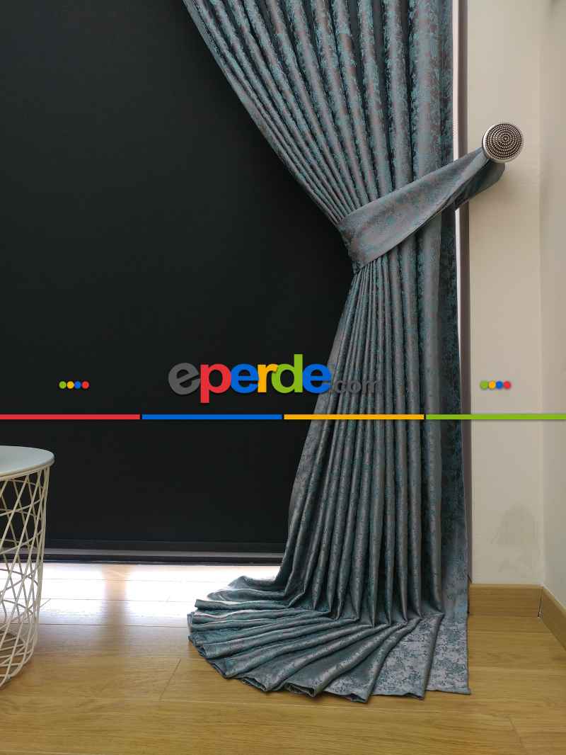 Gri Mint Desenli Jakar Fon Perde - Gri-füme-antrasit-mint