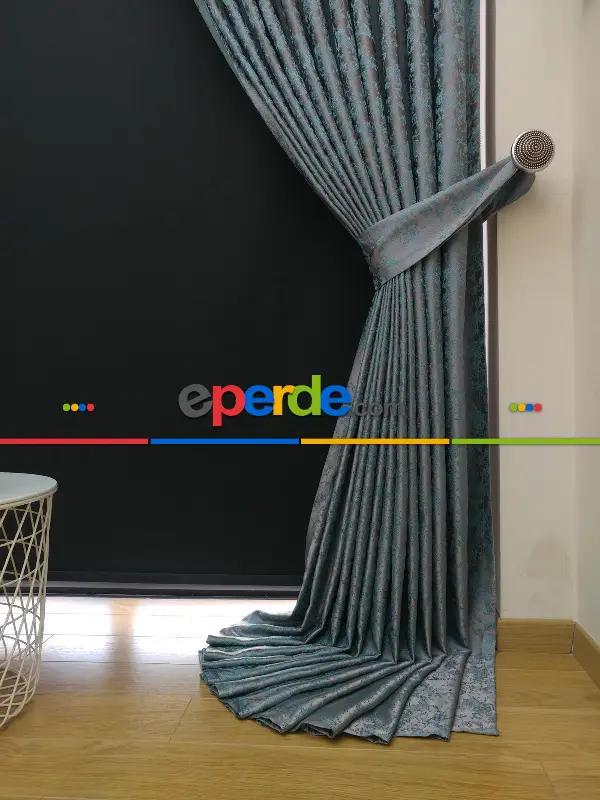 Gri Mint Desenli Jakar Fon Perde - Gri-füme-antrasit-mint