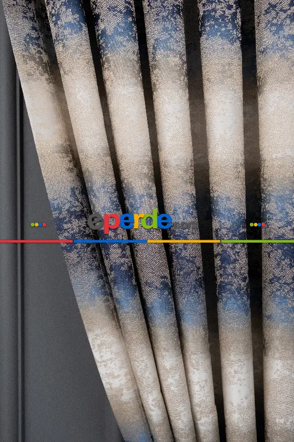 Patinedesenli Gökkuşağı Desen Koyu Lacivert Bej Jakar Fon Perde