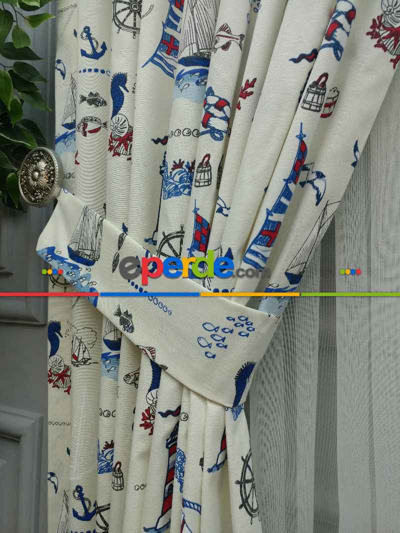Denizci Desenli Çocuk Odası Fon Perde ( Leke Tutmaz )- Çok Renkli 3