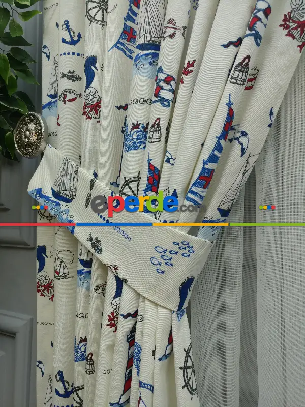 Denizci Desenli Çocuk Odası Fon Perde ( Leke Tutmaz )-  Çok Renkli 3