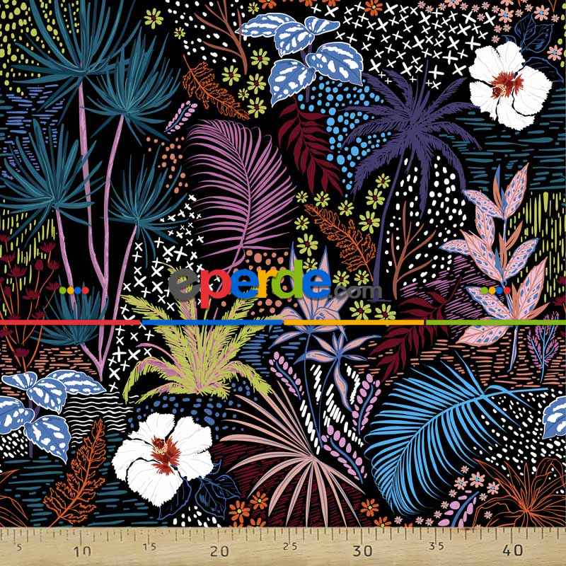 Oturma Odası Tropkal Desenli Fon Perde Evm1101kumaşı Kalındır Duck Bezi Değildir- Siyah-Mavi-Beyaz- Çok Renkli 2
