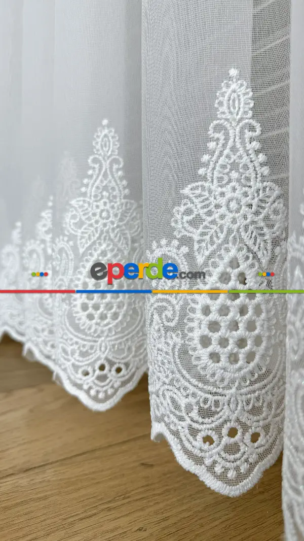 Ekru Etek Ucu Özel İplik Hafif Simli Damask Brode İşlemeli Tül Perde - Ağır Gramajlı Premium Nakışlı