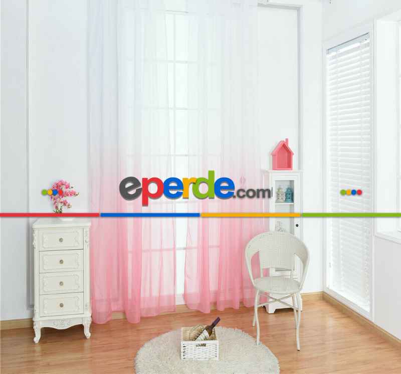 Mutfak - Renkli Geçişli Yeni Moda Pastel Renk Tül Perde - Pembe - Kurşunlu Tül