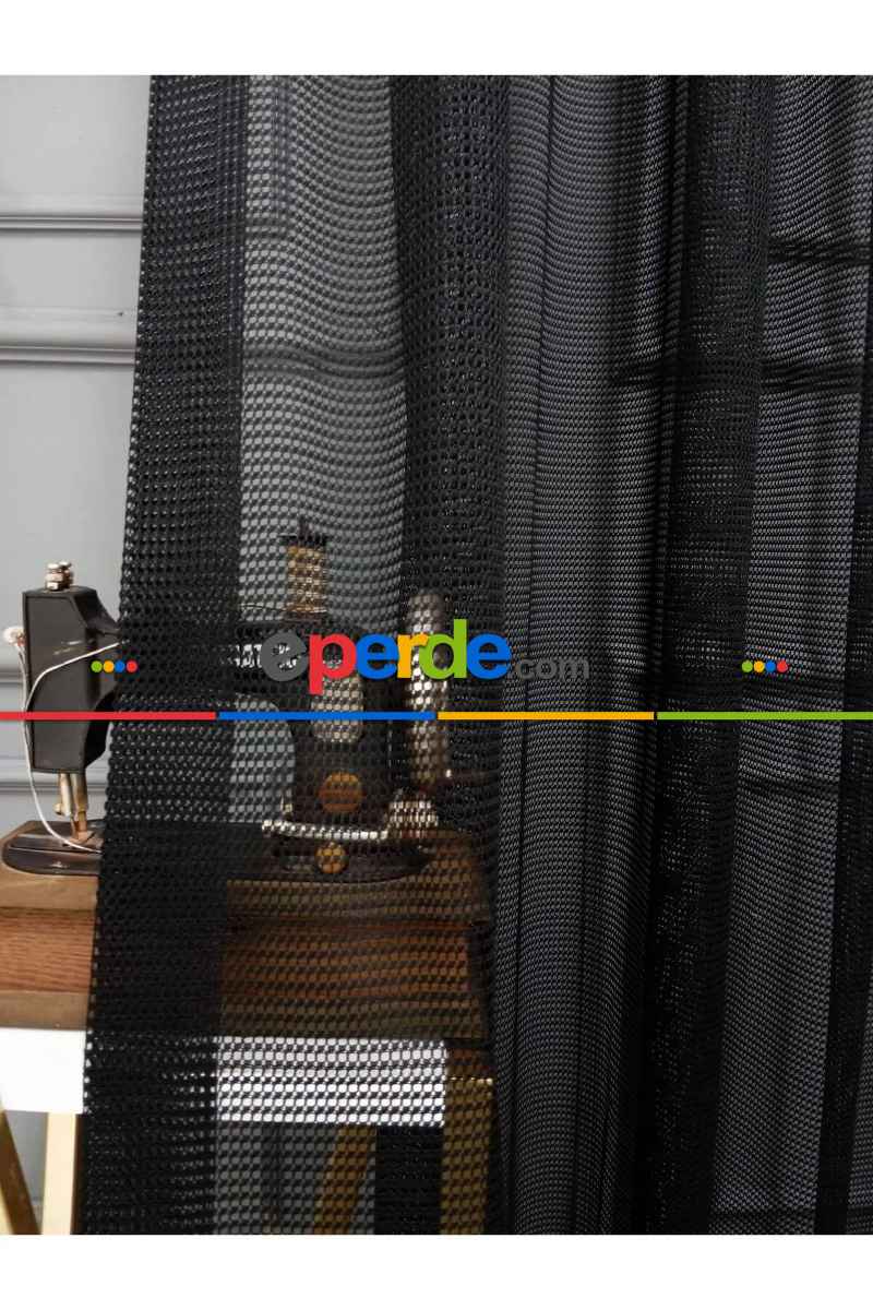Siyah Renk Fileli Tül Perde Ofis Büro Mutfak Tül Perde