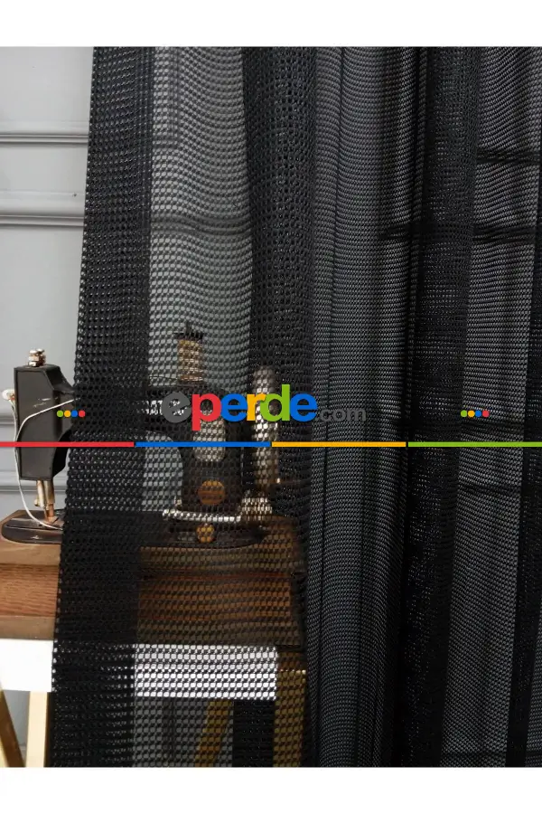 Siyah Renk Fileli Tül Perde Ofis Büro Mutfak Tül Perde