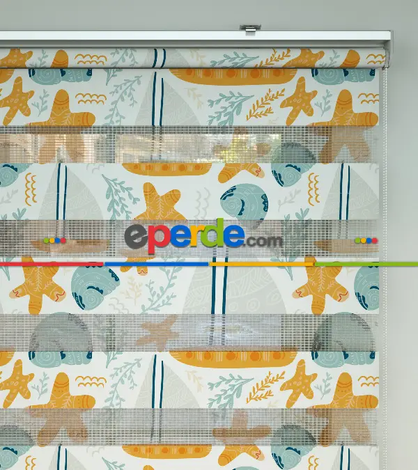 Çocuk Odası Zebra Perde - Deniz Temalı Desenli Baskılı Zebra Perde-  Çok Renkli 2