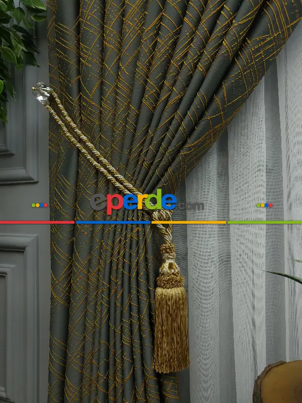 Jakar Desenli Fon Perde- Füme-hardal Sarısı