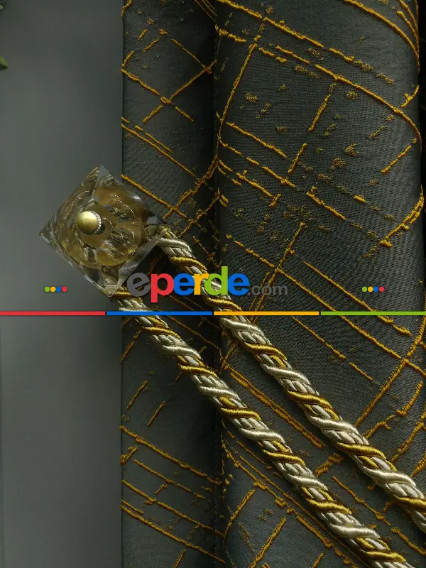 Jakar Desenli Fon Perde- Füme-hardal Sarısı