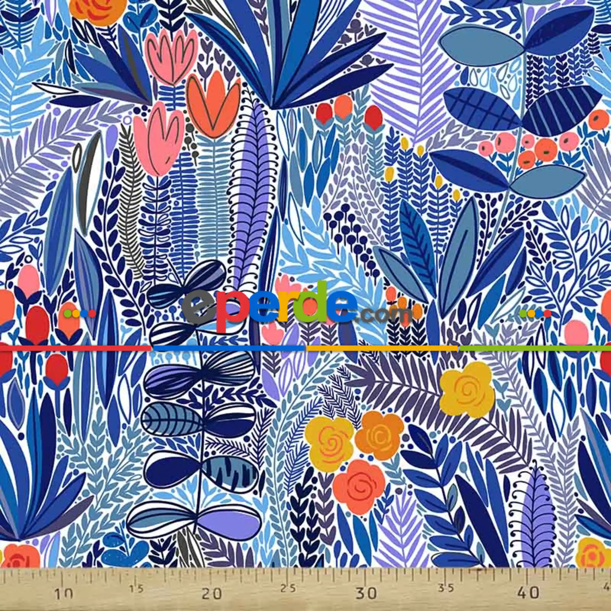 Tropikal Yapraklıdesenli Fon Perde Evm782 Kumaşı Kalındır Duck Bezi Değildir- Mavi-Hardal