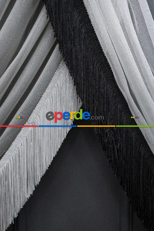 Salon - İki Renkli Yalancı Kruvaze - Tülden Fon - Halat İle Yana Toplamalı Tül - Kordon Toplama Tül - Çift Veya Tek Kanat - Püsküllü - Gri Ve Ekru Zemin, Siyah Ve Ekru Saçak Kombini