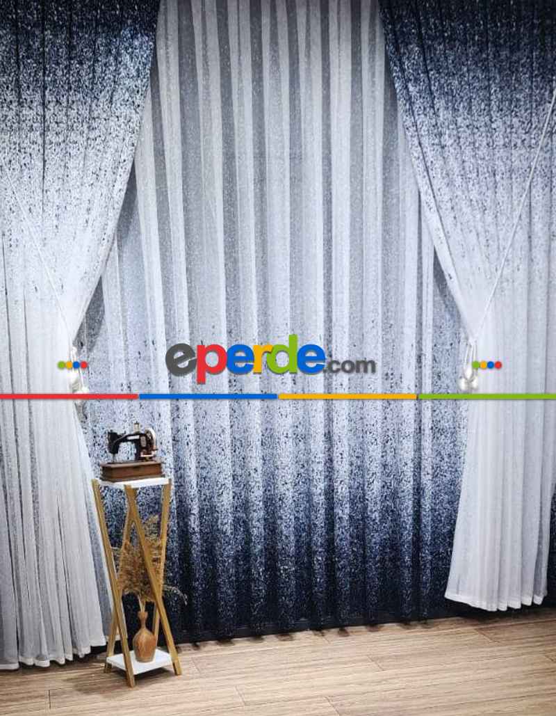 Mutfak - Üsten Dikim Renkli Lacivert Püskürtme Tül Fon Perde